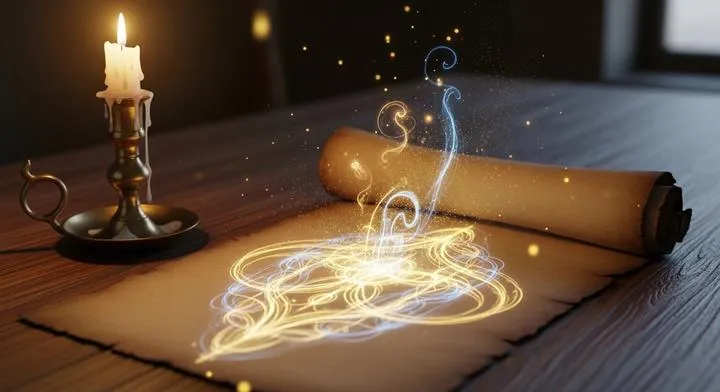 An ancient, aged parchment scroll is unfurled on a rustic dark wood desk. A complex magical or alchemical diagram on the scroll glows intensely with golden and blue light, emanating magical particles that spiral into the air. To the left is a burning candlestick and stacked old books. To the right is a quill pen and an inkwell. The atmosphere is mystical and dark