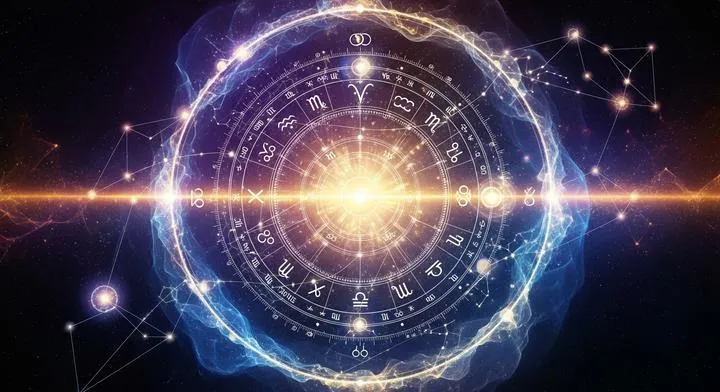 A detailed astrological chart overlaid with vibrant aura colors, illustrating the connection between the cosmos and personal energy fields.