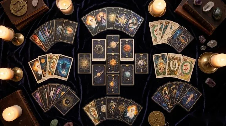 Astrology reading cards spread out on a table revealing deep psychological and spiritual insights