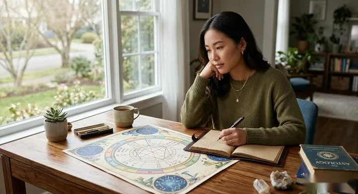 A person sitting thoughtfully at a desk with a journal and an astrology chart, representing self-reflection