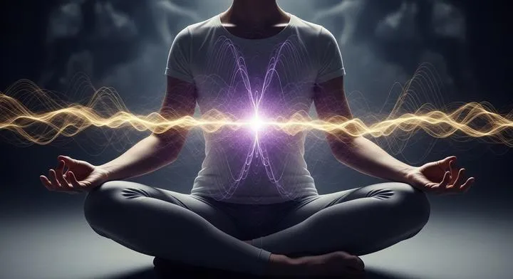 A glowing multi-colored auric field surrounding a person in deep meditation