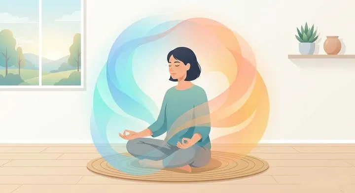 An artistic representation of a woman meditating with a soft, colorful glow around her