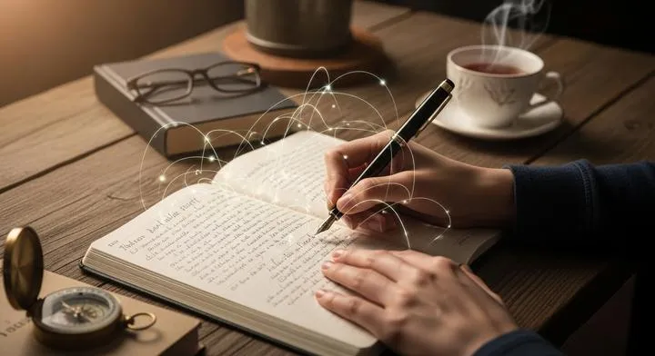 A person writing in a journal, visualizing their thoughts as a mind map
