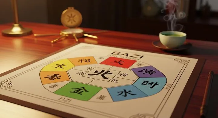 An intricate BaZi chart showing the Four Pillars of Destiny alongside the Five Elements on a traditional desk