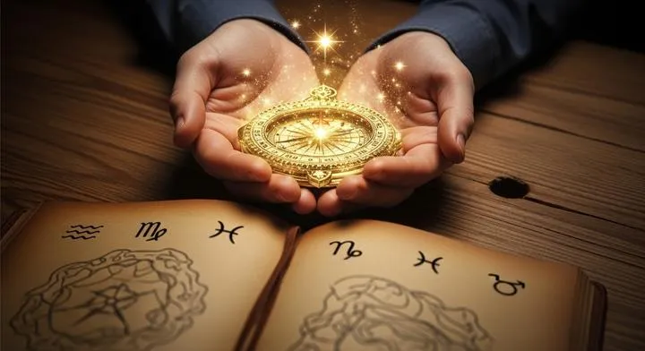 Hands holding a glowing ethereal compass over a notebook