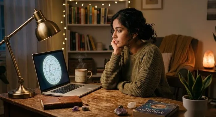A woman looking at a detailed astrological chart on her laptop in a softly lit, modern room