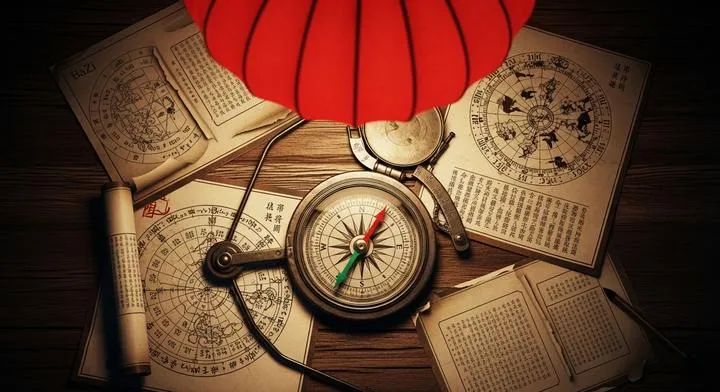 Ancient Chinese Luopan compass resting on a wooden table alongside traditional BaZi charts
