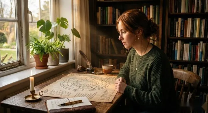 Woman reflecting on her personal horoscope reading and energy alignment