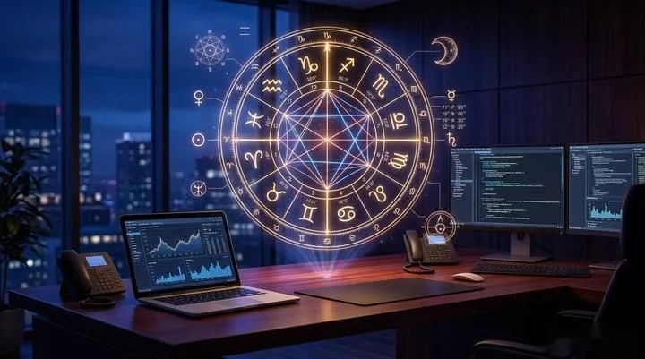 A hyper-realistic glowing astrological chart overlaying a person mapping out their daily personal horoscope by date of birth