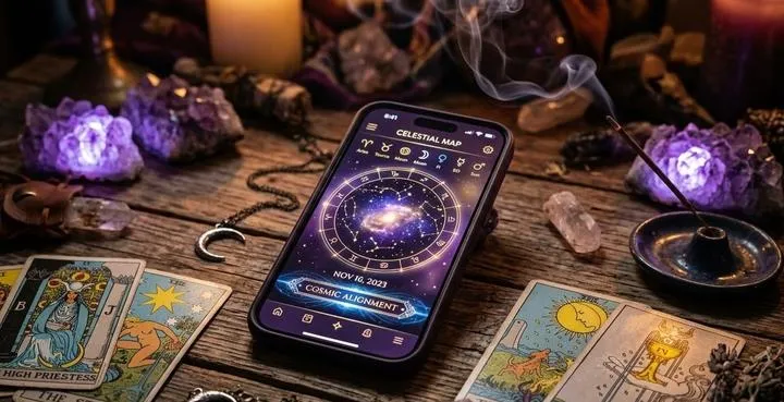 A photorealistic mystical meditation scene. A glowing translucent human silhouette with a vibrant purple, gold, and blue aura interacting with a dark energetic block near the root chakra, set against a cosmos background with Eastern astrological symbols.