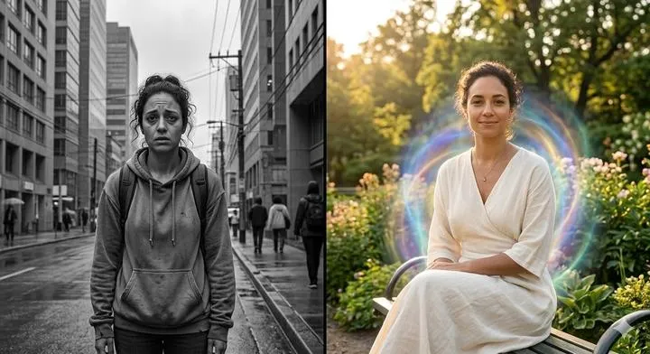 Side-by-side comparison of a woman shifting from a state of urban stress and exhaustion to a state of vibrant energy with a glowing multi-colored aura.