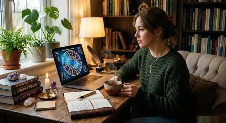 A person sitting at a desk with a glowing laptop, surrounded by scattered notes and a warm cup of tea, looking reflectively at an astrological chart on the screen.