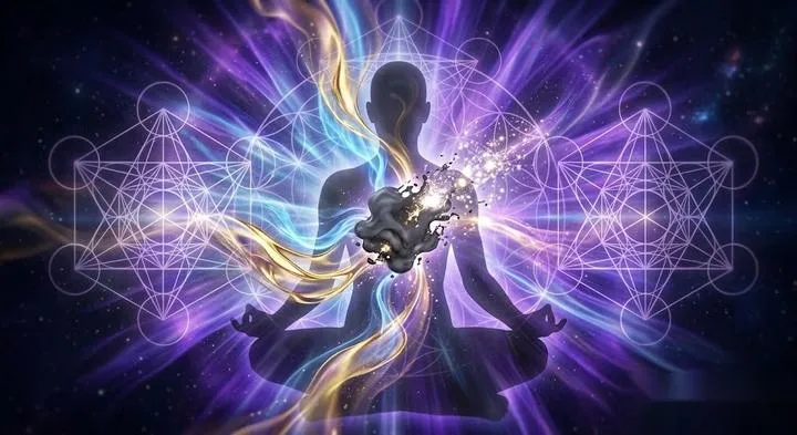 Abstract visualization of a glowing human aura clearing energetic blockages