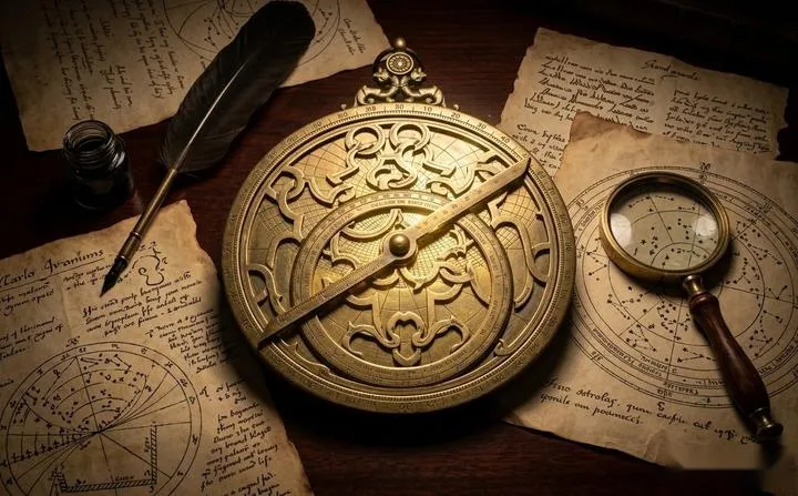 Vintage astrolabe and astrological charts on a dark wooden desk glowing with golden light
