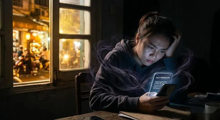 A person looking frustrated at their phone displaying a free daily personal horoscope while sitting in a dark, stagnant room