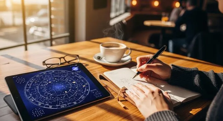 A person deeply engaged in self-reflection, writing in a journal with an astrology chart visible on a tablet, representing the shift from free tools to deep, intentional personal development
