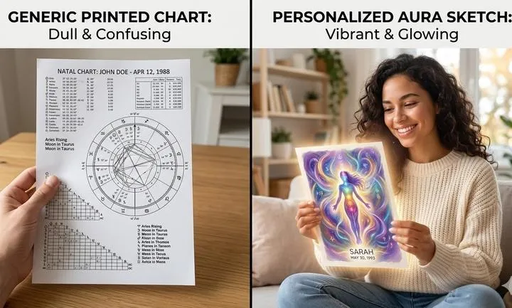 A comparison of a dull, confusing generic printed astrology chart versus a vibrant, glowing personalized aura sketch held by a smiling woman.