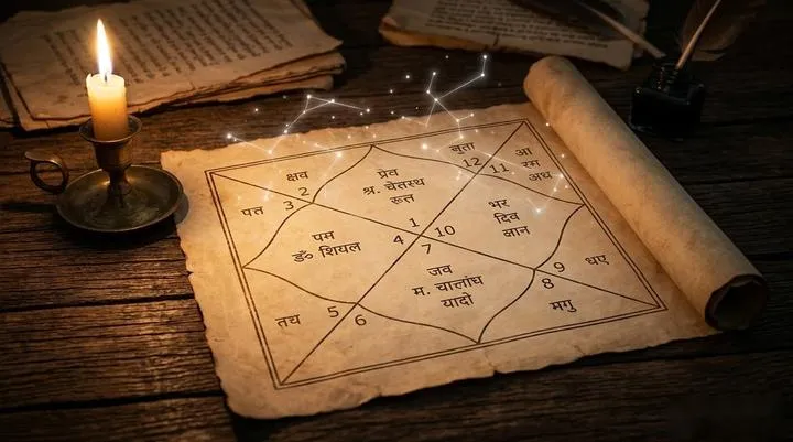 A high-quality visual representation of an ancient Indian Vedic astrology chart laid out on a wooden desk