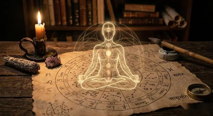A realistic mystical meditation scene. A glowing translucent human silhouette with a radiant, golden aura interacting with an intricate Eastern astrology parchment map with subtle Eastern astrological symbols and Sanskrit mantras, bathed in soft, warm candlelight.