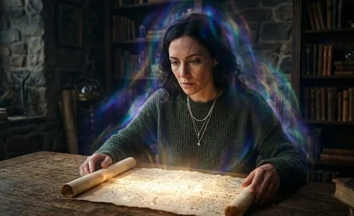 Mystical woman studying a glowing ancient scroll with esoteric symbols in an old, book-filled room. A colorful aura surrounds her.