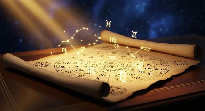 A highly detailed and mystical astrological birth chart glowing with golden cosmic energy, laid out on an ancient wooden table surrounded by crystals and a faint aura.