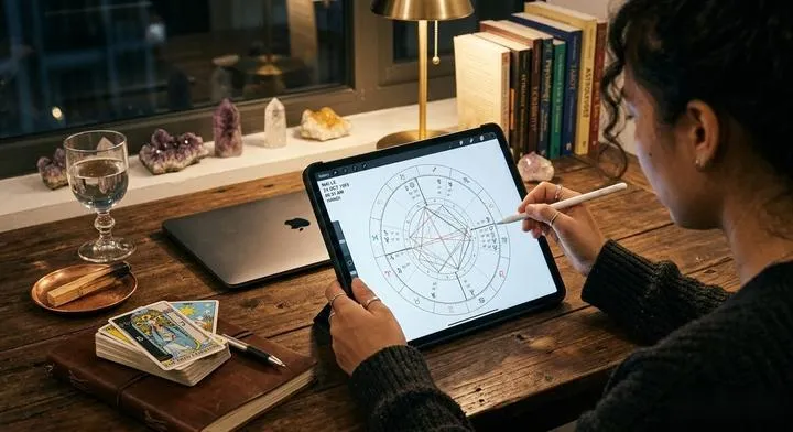 A person sitting in a dimly lit room looking at a glowing digital birth chart on a tablet, exploring esoteric knowledge