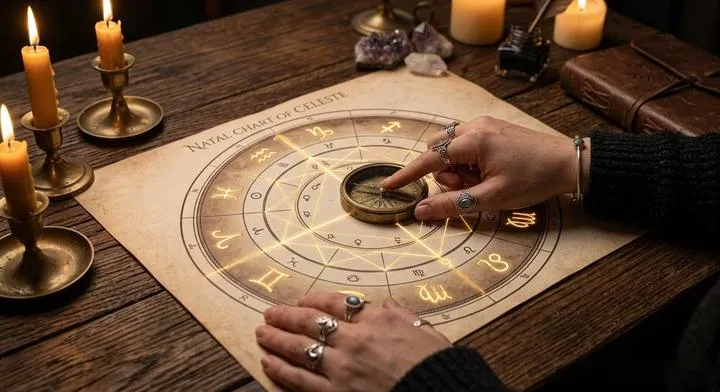 Mystical birth chart with glowing zodiac signs on a wooden table