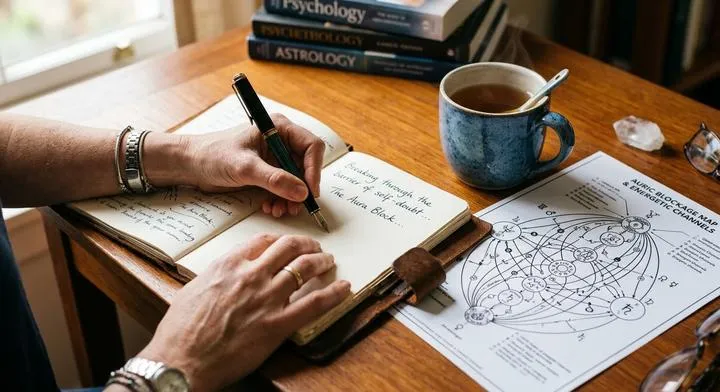 Person writing in a journal, focusing on personal growth and overcoming psychological barriers