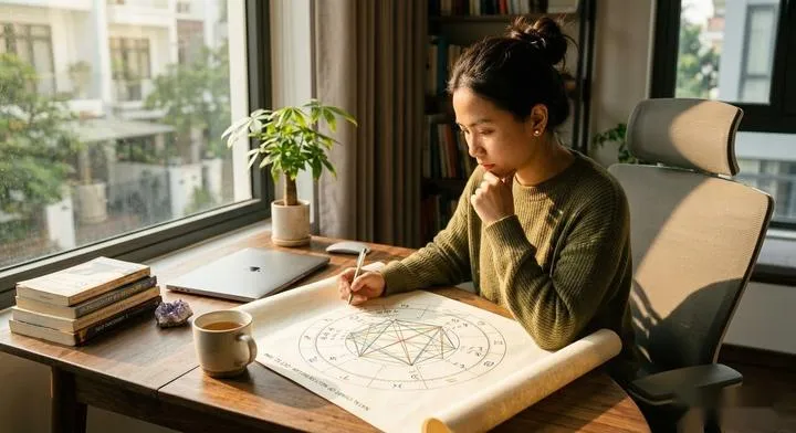 A person thoughtfully analyzing a detailed personal horoscope chart, exploring psychological archetypes