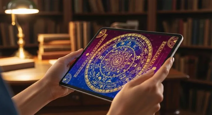 A person looking thoughtfully at a detailed Kundali chart on a digital tablet