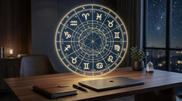 A glowing, highly detailed astrological chart layered over a modern, minimalist workspace desk, representing the integration of ancient wisdom and modern strategy