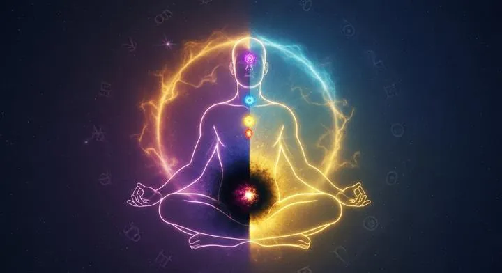 A photorealistic mystical meditation scene. A glowing translucent human silhouette with a vibrant purple, gold, and blue aura interacting with a dark energetic block near the root chakra, set against a cosmos background with Eastern astrological symbols.
