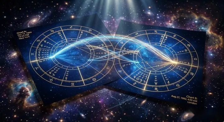 A glowing couple birth chart reading map showing energetic connections between two souls