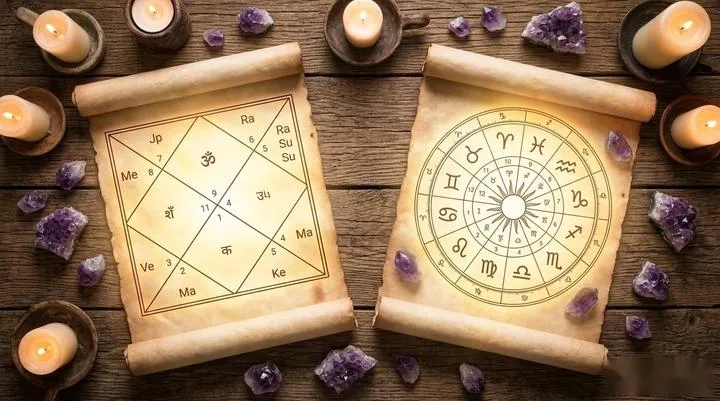 A detailed comparative visualization of a square Vedic astrology chart and a circular Western tropical chart