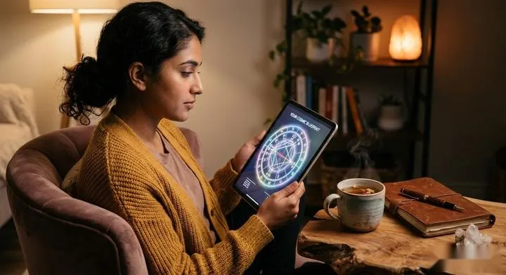 A person looking thoughtfully at a digital tablet displaying an intricate astrology chart