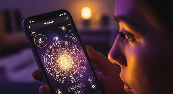 Woman in cozy room intently checks an astrology app on her glowing smartphone